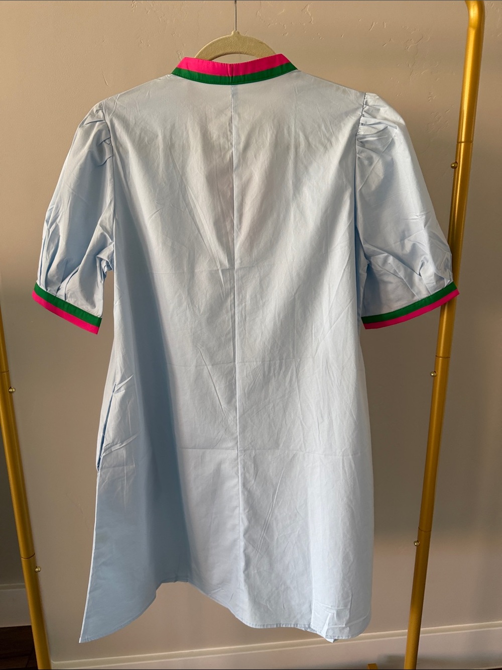 Light Blue V-Neck Swing Dress Pink & Green Trim Puff Sleeve Women’s Small NWOT - Picture 5 of 8